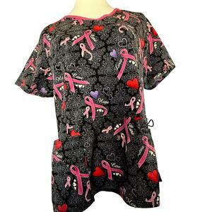 SKU2405 Scrubstar Medium Scrub Top Breast Cancer Ribbons Hearts Pocket Care